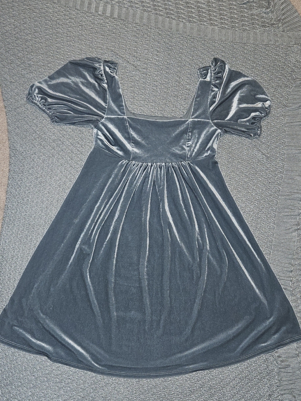 Mini Velvet Puff-Sleeve Dress in Slate Blue